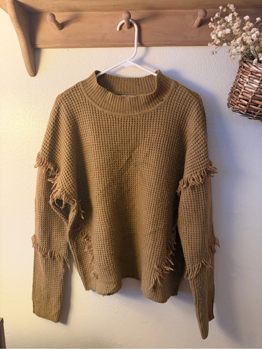 Michael Kors Fringe Frayed Knit Crewneck Sweater - Brown L
